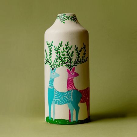 Handcrafted Ceramic Gond Twin Deer Tree Decorative Art Vase